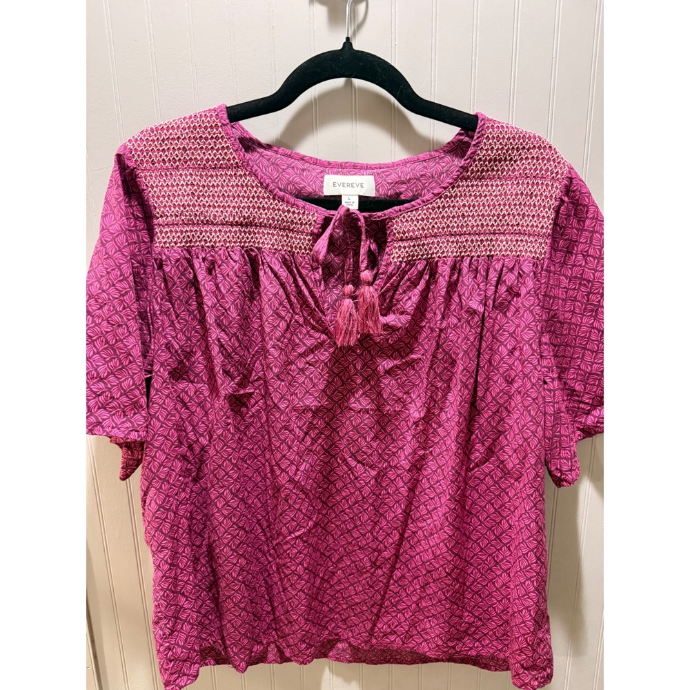 Evereve Magenta Pink Leaf Print Smocked Tassel Tie Blouse Top Large